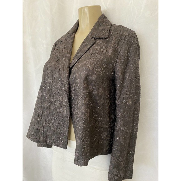 Nicole Farhi Jacket Blazer Taupe Brown Open Front Embroidered Sequin 100… - Picture 2 of 5